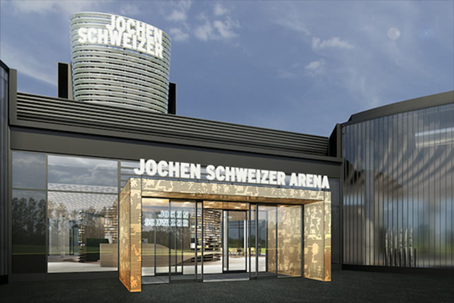 So sieht der Zentral Haupteingang der neuen Jochen Schweizer Arena aus.