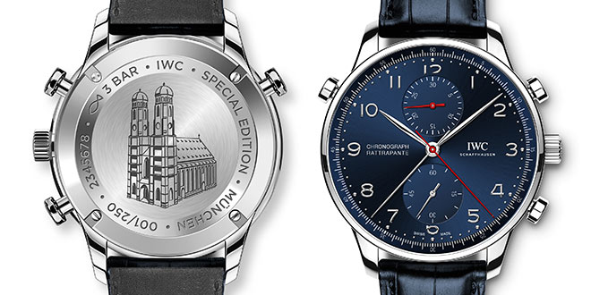 Die Münchner Frauenkirche ist auf dem Boden der IWC Schaffhausen Portugieser Chronograph Rattrapante Boutique Munich eingraviert.