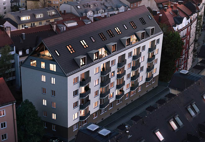 Das Projekt im Lehel beherbergt im neu ausgebauten Dach eines umfassend modernisierten fünfstöckigen Bestandsgebäudes fünf erlesene Maisonette Wohnungen. Die 2-Zimmer-Wohnung mit circa 78 Quadratmetern und die vier 4-Zimmer-Wohnungen mit Flächen von circa 119 bis 126 Quadratmetern sind liebevoll gestaltete Refugien für Paare, Familien und Singles. Eben Wohnen am Englischen Garten