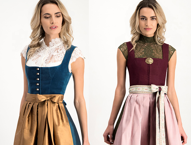 Zwei Top-Mode-Trends für die diesjährige Wiesn: Samt-Dirndl (links) und mal keine weiße Bluse! Fotocredit: Alpenherz