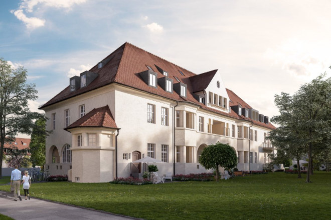 In München Haar entsteht das Quartier 1907, geht auf diese Jahreszahl die Entstehung der vielen Jugendstil-Häuser auf dem Ex-Klinikgelände zurück! In diesem Haus werden 59 Wohnungen revitalisiert. Fotocredit: neubaukompass.de