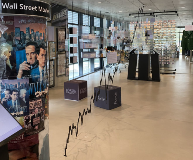 Im Börsen Museum in Rosenheim zeigt eine Installation den Dow Jones Kursverlauf seit Start im Jahre 1896. Jeder Börsencrash wurde wieder aufgeholt, dass bald die Decke hier nicht mehr reicht, um die Steigerung nachzubilden. Fotocredit: EM