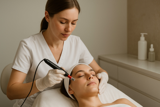 Microneedling bei der Kosmetikerin.