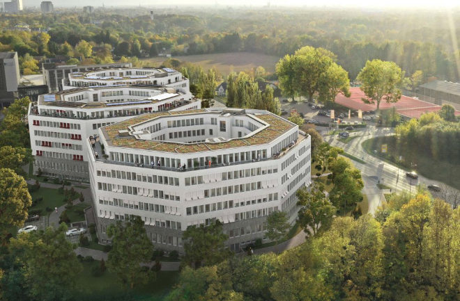 Als Immobilieninvestitionen entstehen in den drei achteckigen Oktavian-Gebäuden in Unterföhring entstehen die 'Serviced Apartments'. Fotocredit: neubaukompass.de