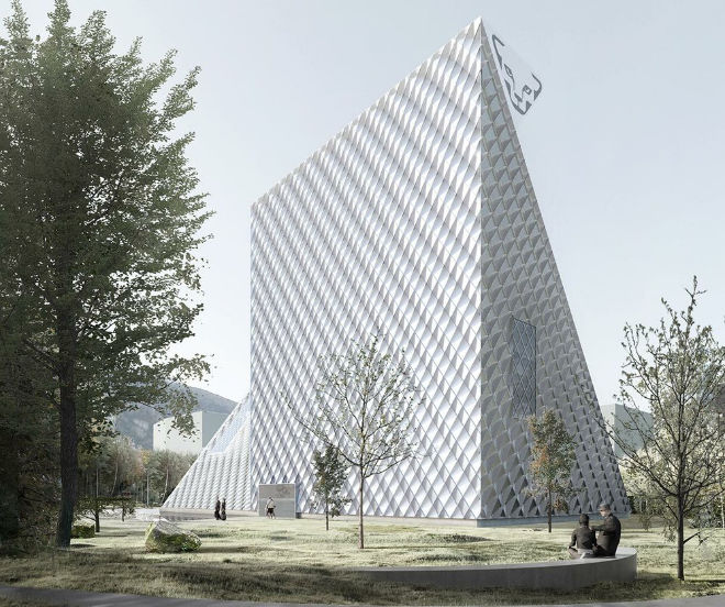 Bald neues architektonisches Wahrzeichen in Kiefersfelden: zwei ineinander verschränkte Dreiecke. Fotocredit: Rendering des neuen Dynafit Headquarter