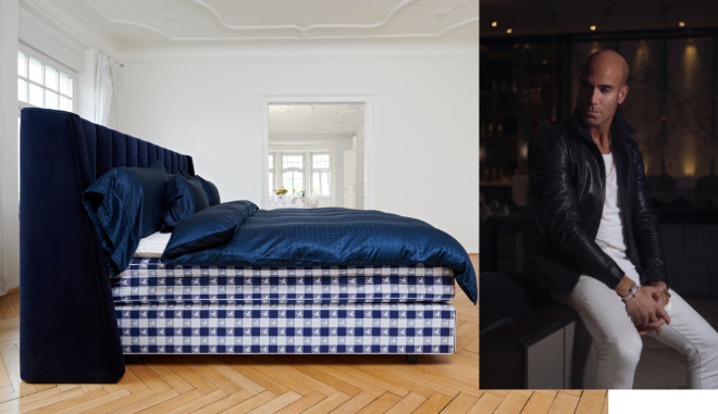 Der Designer Ferris Rafauli hat den Stoff entworfen und das neue charakteristische Kopfteil für das neue Bett unter den Designerbetten. Fotocredit: Jan Schmiedel und Hästens PR