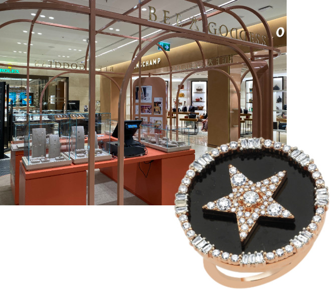 Zwischen Rolex - Longchamp - MCM hat Jewellery BEE GODDESS einen Pop up Pavillon im Oberpollinger eröffnet. Superstar Madonna trägt z.B. diesen Sirius Star Ring