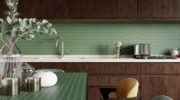 Mosaic backsplash in kitchen. 3d rendering. Modern interior. Classic style.