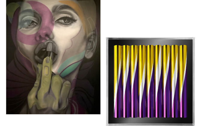 Kunst von Galerien. Link: Valentina Andress 'Die Zukunftsfrau', 2023. Rechts: ATM Gallery, Schittny Tubes, 2021