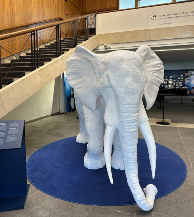 Der Elefant im Raum als Metapher für Probleme, welcher jeder kennt, aber keiner darüber spricht! Jubiläumsausstellung '60 Jahre Münchner Sicherheitskonferenz' im Amerikahaus!