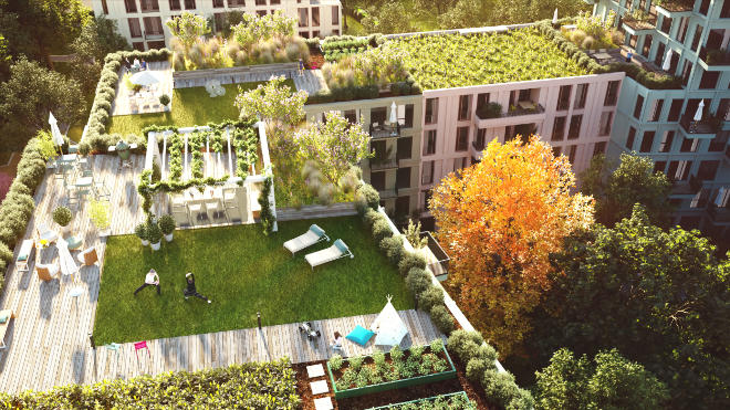 Begrünte Dachgärten: Die KIRSCHGÄRTEN in München zeigen, wie klimaresilente Quartiere mit durchdachter Begrünung, Dachgärten und nachhaltiger Planung Realität werden. @ ECKPFEILER Immobilien Gruppe