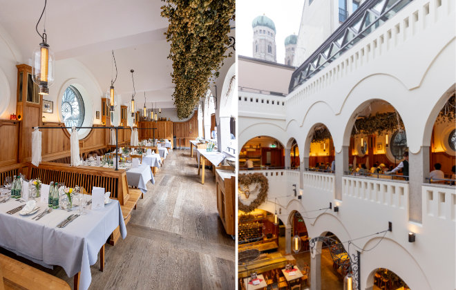 Eine Galerie mit Blick ins Atrium – und auf die Türme der Frauenkirche.Historie und Offenheit verbinden sich zu einem Ort, der mehr ist als ein Wirtshaus: ein Stück Stadtbild mit Charakter. eben donisl am marienplatz