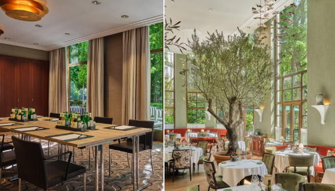 Konzentriertes Arbeiten im lichtdurchfluteten Salon des The Charles Hotel (links) – stilvoller Ausklang mit italienischer Gourmetküche im Restaurant Florio (rechts).