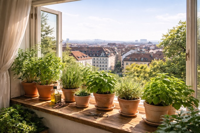 Grüne Akzente auf der Fensterbank bringen Ruhe in den urbanen Wohnraum.