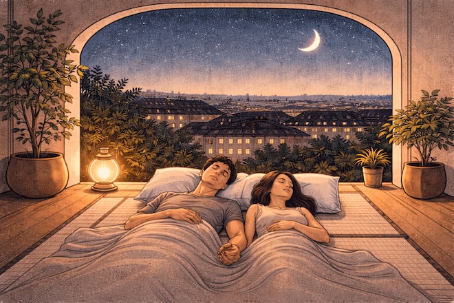 Ein visuelles Statement zu den 7. Schlaf- und Gesundheitswochen bei Bettenrid - inspiriert von Doris Dörries Essay über das Wohnen.Wie es sich anfühlt, auf einer Tatami zu schlafen, davon erzählt die Münchner Filmemacherin in ihrer Lesung am 2. Februar – poetisch, persönlich und voller Beobachtungen darüber, was wir eigentlich suchen, wenn wir zur Ruhe kommen. Schlaf nicht als Funktion, sondern als Kulturtechnik – das ist die Haltung, die auch die Vorträge und Sessions dieser besonderen Themenwoche prägt.