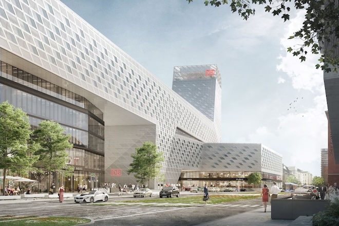 Südansicht des neuen Münchner Hauptbahnhofs – zentraler Mobilitätsknoten im Central Quartier. © Deutsche Bahn AG (Auer Weber)