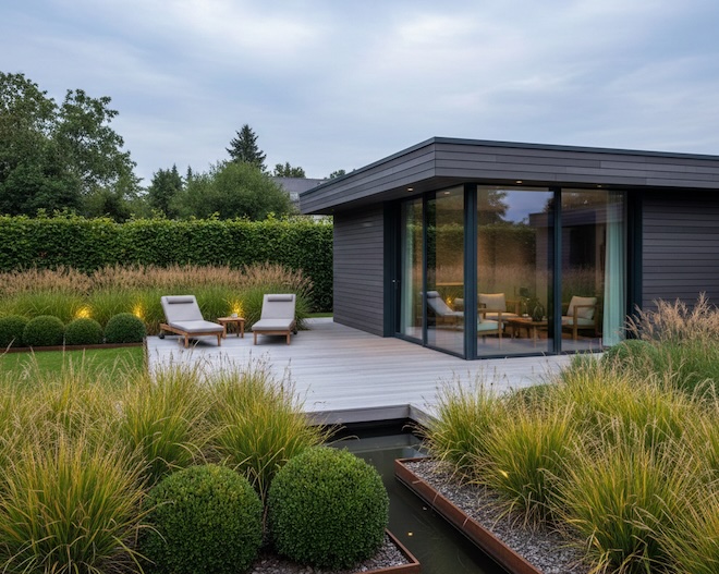 Architektur im Grünen: Ein modernes Design-Gartenhaus aus hochwertigen Holz-Verbundwerkstoffen (WPC) und Glas. Solche Outdoor-Lösungen erweitern den Wohnraum und steigern den Wert der Immobilie.