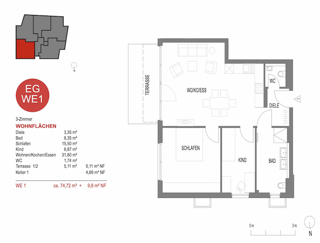 Grundriss einer 3-Zimmer-Wohnung mit Wohn- und Essbereich, zwei Schlafzimmern und Terrasse. | Quelle: <a href="https://stauch-baugruppe.de/projekt/peretshofenerstrasse-whg1/" target="_blank" rel="noopener">Stauch Bau GmbH</a>