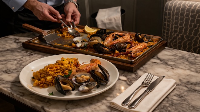 Ca. 30 Minuten muss man auf das Reisgericht im Paela-Style warten. Hier die Variante mit Meeresfrüchten im Preysinggarten. 