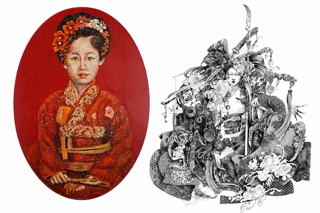 Zwei sehr unterschiedliche Arbeiten mit fernöstlichen Anklängen: links ein ausdrucksstarkes Porträt, rechts eine detailreiche Zeichnung voller Symbolik.