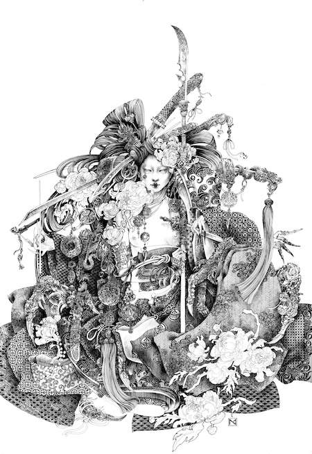 Zwischen Ornament, Fantasie und asiatischer Bildsprache: Die Arbeiten der ukrainischen Künstlerin Nataliia Muzychenko setzen auf feine Linien und eine außergewöhnliche Detailtiefe. Foto: ARTMUC