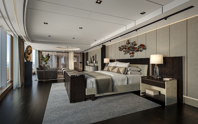 Für die zweistöckige Suite hat sich Regent Seven Seas Cruises mit dem italienischen Schlafspezialisten Flou zusammengeschlossen.