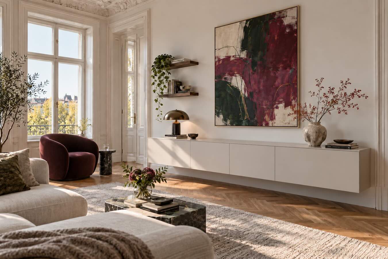 Modernes Wohnzimmer mit geschlossenem Stauraum und Kunst