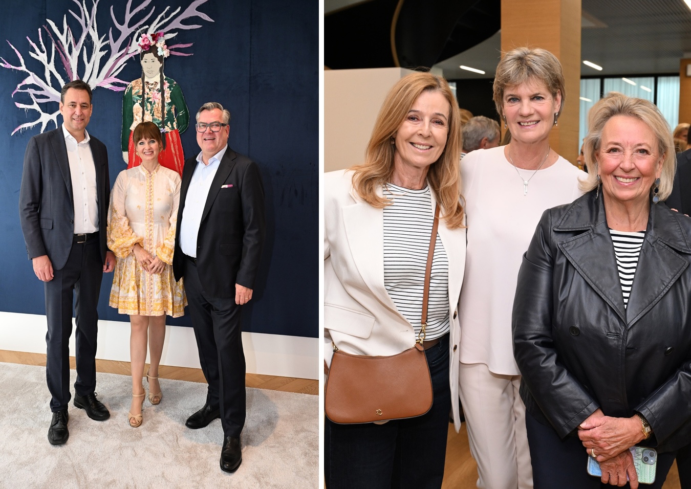 Fotocollage vom Art Lunch bei WTS: links Georg Eisenreich, Dr. Sonja Lechner und Josef Schmid vor einem Kunstwerk; rechts Andrea Schoeller, Petra Reinbold und Marianne Wille.
