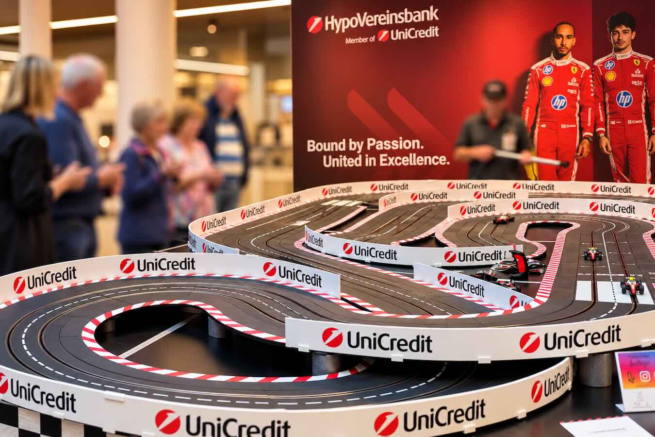 Mehrspurige Carrera-Bahn mit Formel-1-Modellautos in der HVB-Filiale am Promenadeplatz, dahinter Besucher und eine Ferrari-Motivwand.