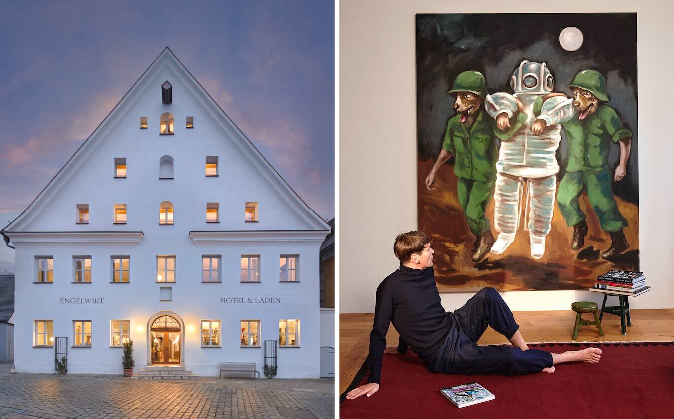 Zimmer fünf im Kunsthotel Engelwirt in Berching mit Gregory Forstners Gemälde „Diver on Moon“ und zwei grünen Hockern mit Bildbänden.