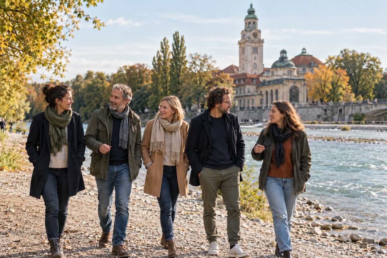 Fünf Erwachsene bei einem herbstlichen Spaziergang an der Isar, im Hintergrund das Müllersche Volksbad. KI-generiertes Symbolbild.