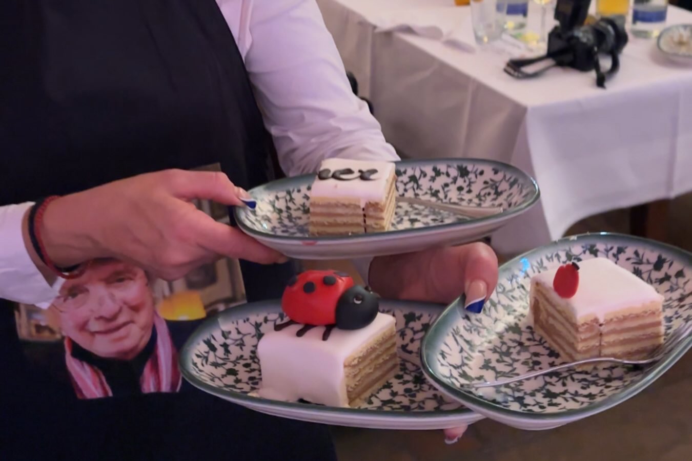 Hände halten drei gemusterte Teller mit rosa Tortenstücken. Eines ist mit einem Marienkäfer aus Zuckerdekor verziert.