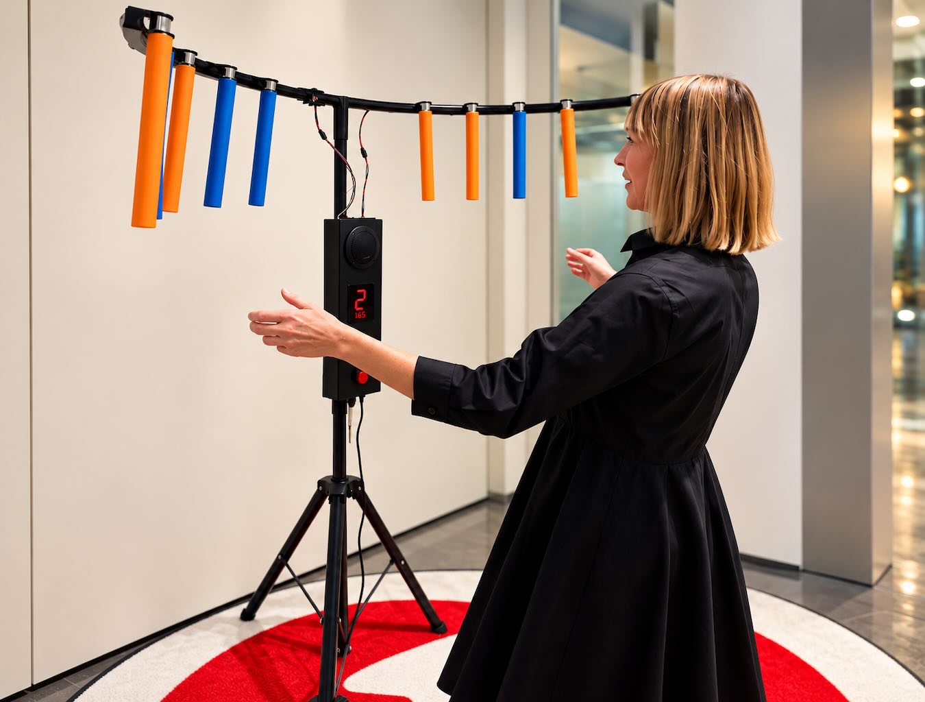 Ich (Yvonne Wirsing) teste meine Reaktionsgeschwindigkeit an einer interaktiven Station mit orangefarbenen und blauen Signalstäben.